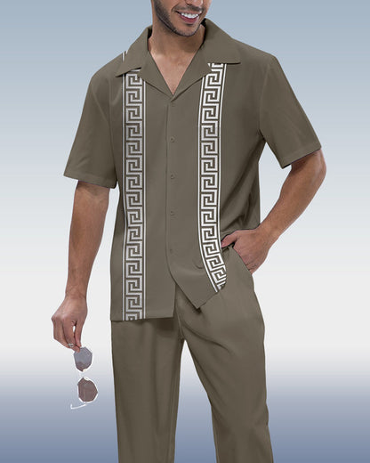 Rianmond Men's Gray Vintage Print Short Sleeve Shirt Walking Set 598