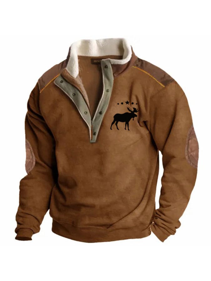 Men's Sweatshirt Retro Moose Creek Ethnic Print Plush Half Open Collar Pullover