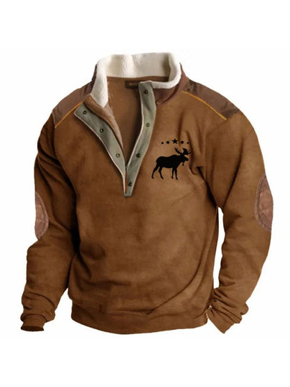 Men's Sweatshirt Retro Moose Creek Ethnic Print Plush Half Open Collar Pullover