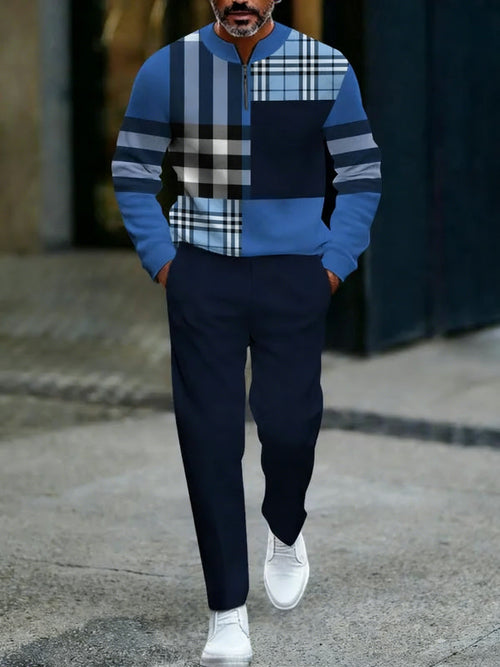 Men's Casual Blue & Navy Checked Patchwork Printed Round-Neck Zipper Long Sleeved Tops & Trousers Two-Piece Set