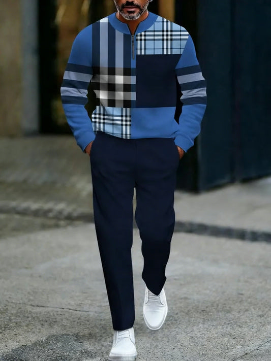 Men's Casual Blue & Navy Checked Patchwork Printed Round-Neck Zipper Long Sleeved Tops & Trousers Two-Piece Set