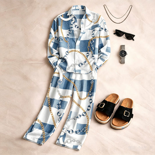Men's Denim-Style Checkered Print Long-Sleeve Shirt and Pants Set