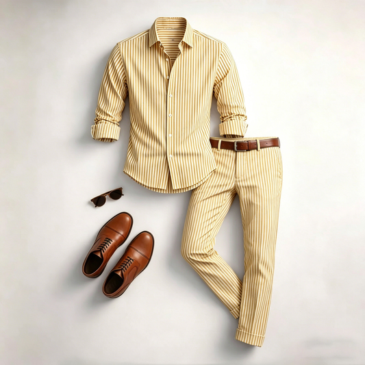 Men's Casual Color Matching Geometric Printed Long Sleeved Shirt & Trousers Two-Piece Set