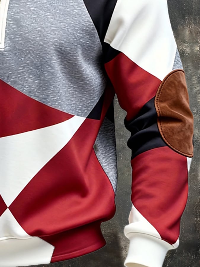 Men's Retro Color Block Print Zipper Sweatshirt