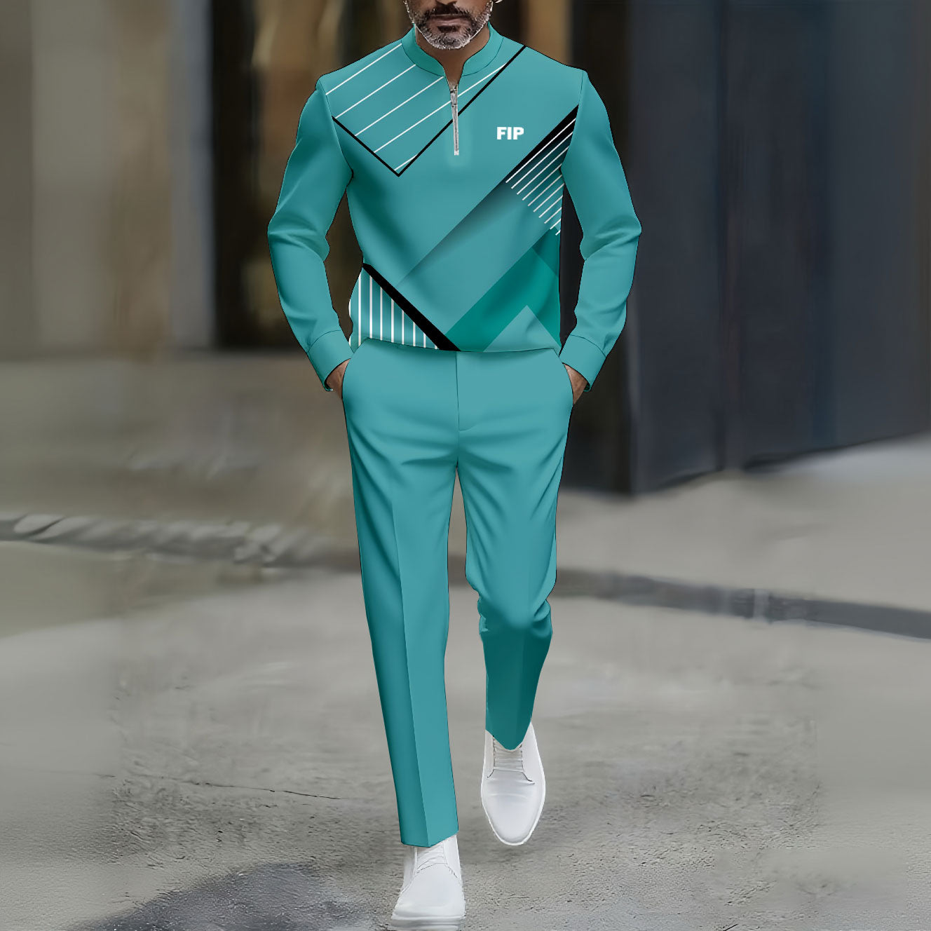 Men's Casual Blue Green Color Matching Geometric Printed Round-Neck Zipper Long Sleeved Trousers Two-Piece Set