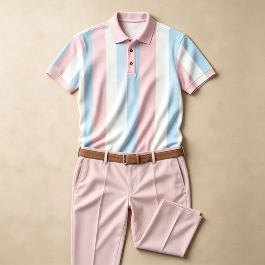Men's Striped Short-Sleeve Polo Shirt and Pants Two-Piece Set
