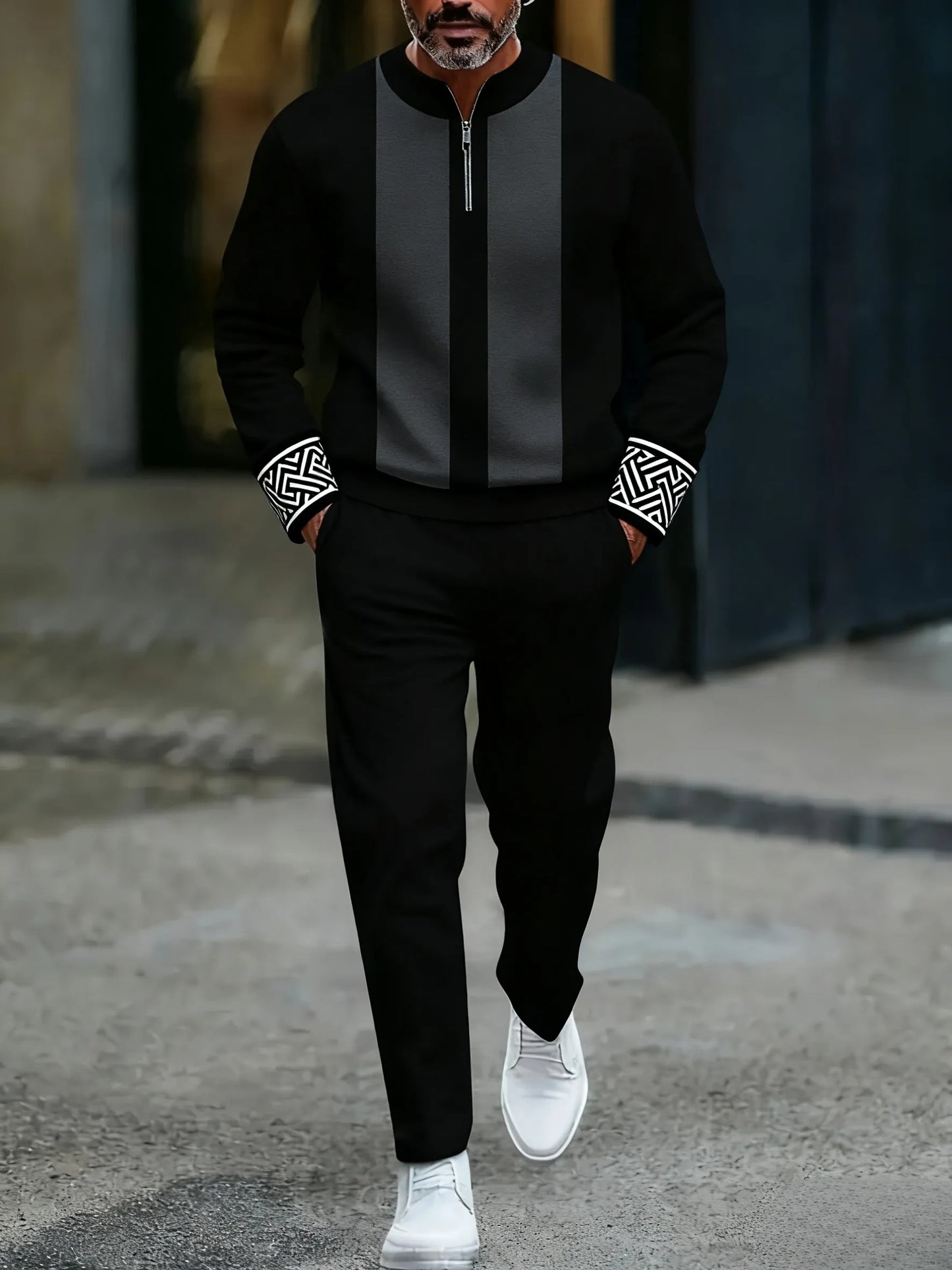 Men's Casual Black & Gray Color Matching Geometric Printed Round-Neck Zipper Long Sleeved Sweatshirt & Trousers Two-Piece Set