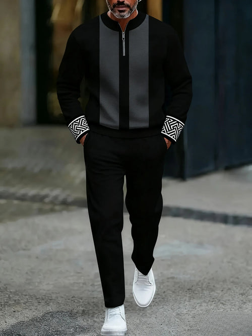 Men's Casual Black & Gray Color Matching Geometric Printed Round-Neck Zipper Long Sleeved Sweatshirt & Trousers Two-Piece Set