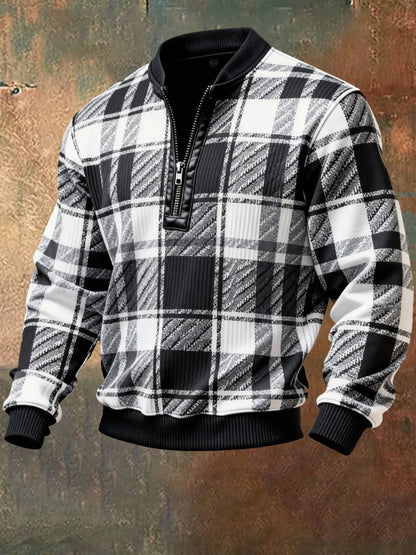 Men'S Casual Retro Contrast Color Half Zip Stand Collar Long Sleeve Sweatshirt