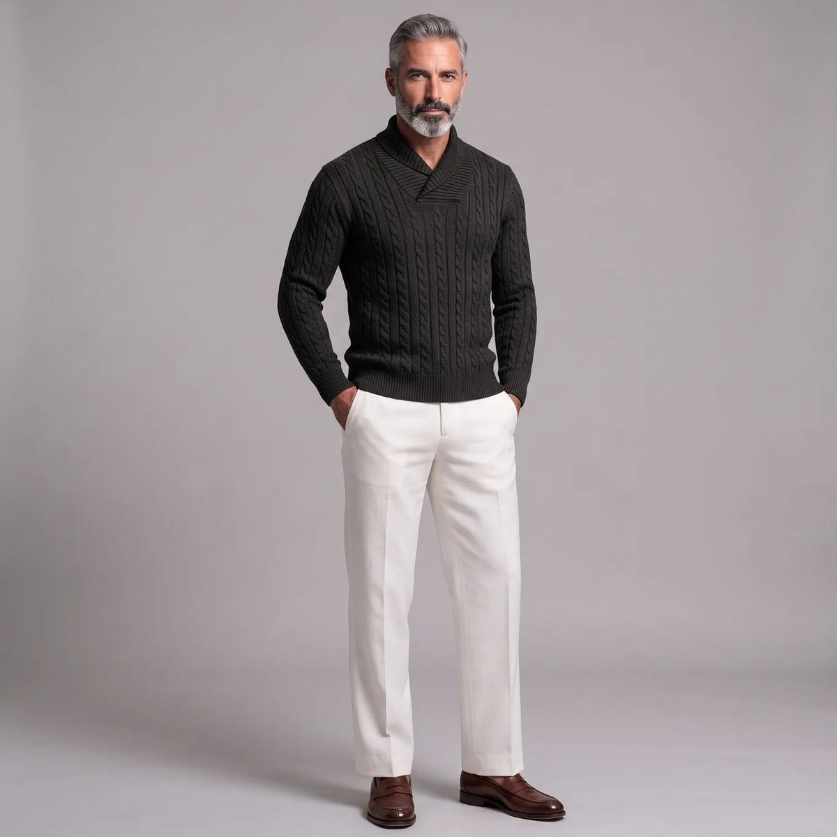 Men's Solid Color Cable Knit Shawl Collar Slim Fit Pullover Sweater