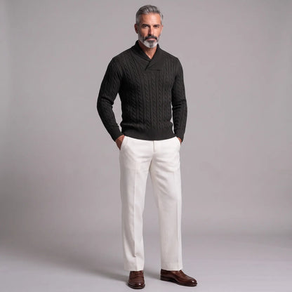 Men's Solid Color Cable Knit Shawl Collar Slim Fit Pullover Sweater