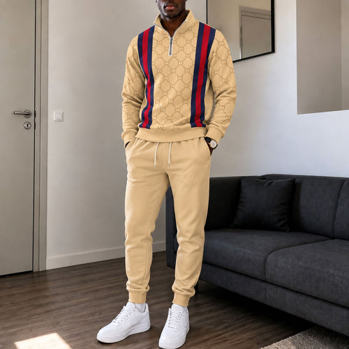 Men's Printed Zipper Stand-Up Collar Sweatshirt and Sweatpants Set