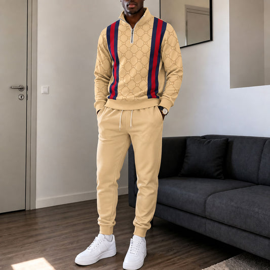 Men's Printed Zipper Stand-Up Collar Sweatshirt and Sweatpants Set