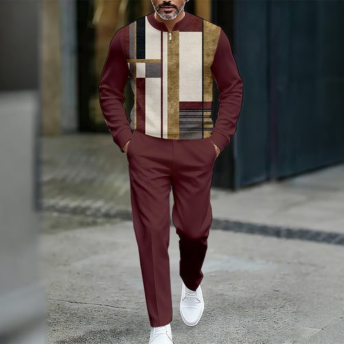 Men's Casual Color Matching Printed Round-Neck Zipper Long Sleeved Trousers Two-Piece Set