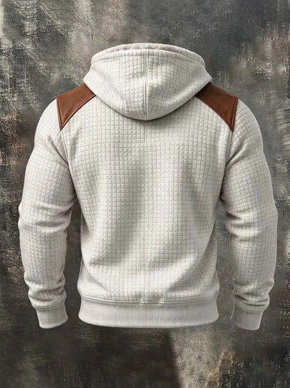Men'S Retro Textured Checkered Faux Suede Hooded Jacket With Fleece Lining And Panel Detailing
