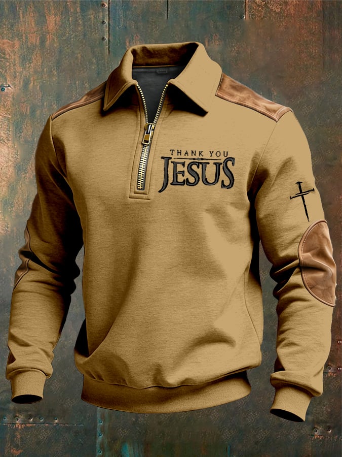 Men's vintage Faith “Thank You Jesus” Design Print Casual Zipper Sweatshirt-Fast Shipping