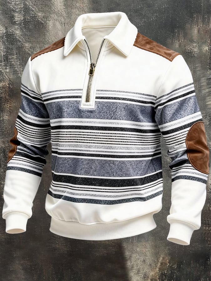 Men's Retro Color Block Print Zipper Sweatshirt