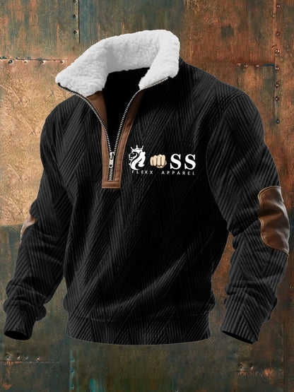 Men's Retro Letter Design Jacquard Fabric Zipper Fur Collar Long-Sleeved Sweatshirt