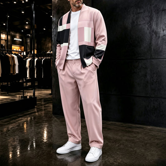 Men's Two-Piece Set: Color-Blocked Cardigan and Pants
