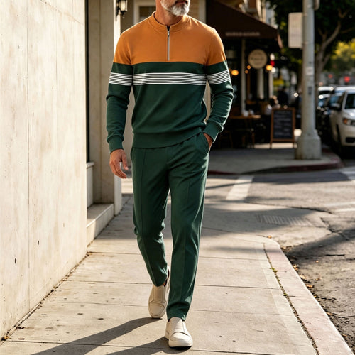 Men's Two-Tone Round-Neck Zipper Long-Sleeve Shirt and Pants Set