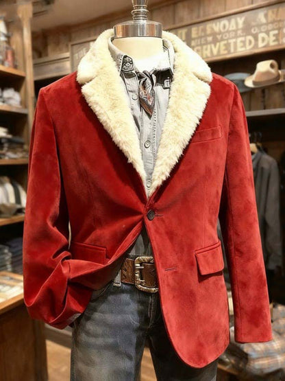 Men's Christmas Solid Color Fur Collar Printed Blazer