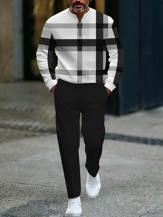 Men's Casual Color Matching Printed Round-Neck Zipper Long Sleeved Trousers Two-Piece Set
