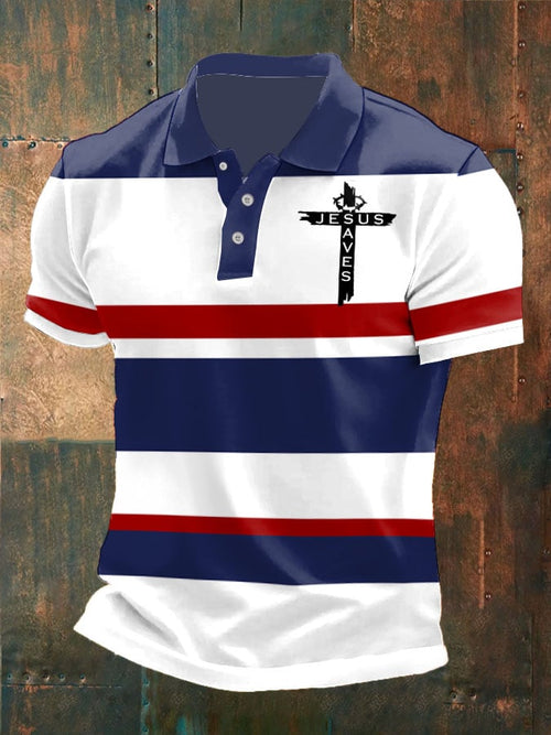 Man's Retro Jesus Saves Cross Printed Polo Shirt
