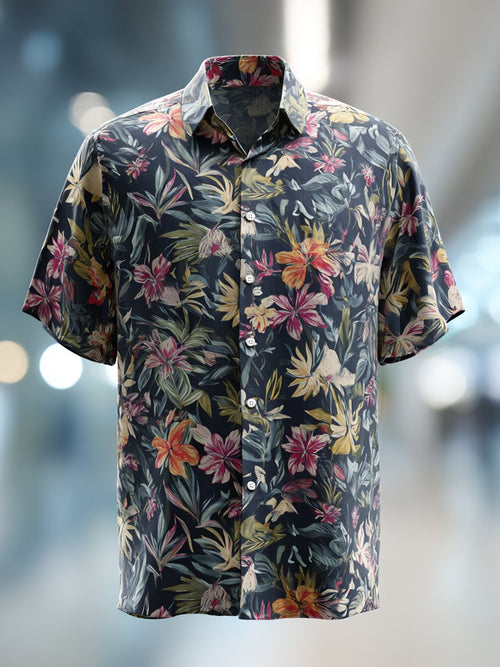 Men's Business Casual Floral Print Lapel Short Sleeve Shirt