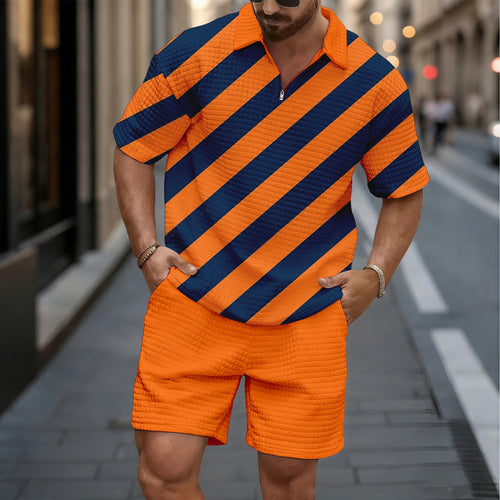 Men's Casual Orange & Navy Color Matching Striped Short-Sleeved Shirt And Shorts Two-Piece Set