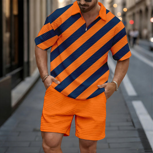 Men's Casual Orange & Navy Color Matching Striped Short-Sleeved Shirt And Shorts Two-Piece Set
