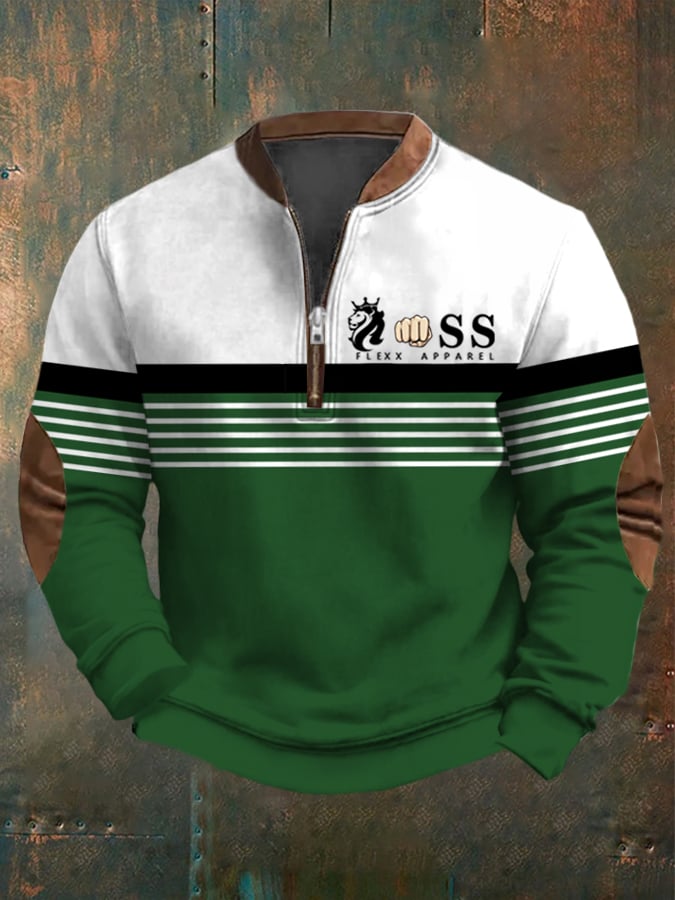 Men's Retro Letter Design Printed Casual Zipper Collar Long-Sleeved Sweatshirt