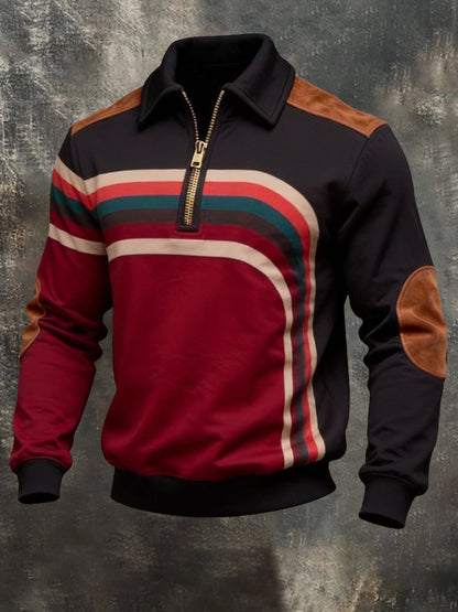 Men'S Fashionable Color-Block Printed Zip-Up Sweatshirt