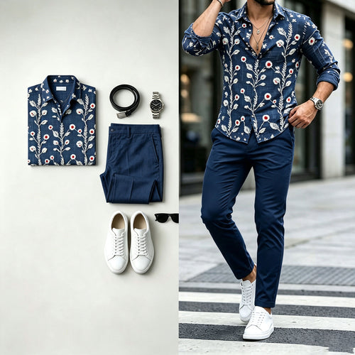 Men's Long-Sleeve Shirt and Pants Set with Diagonal Geometric Print