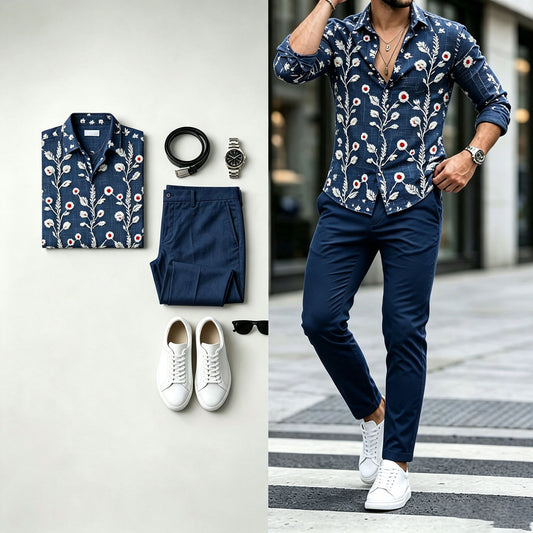 Men's Long-Sleeve Shirt and Pants Set with Diagonal Geometric Print