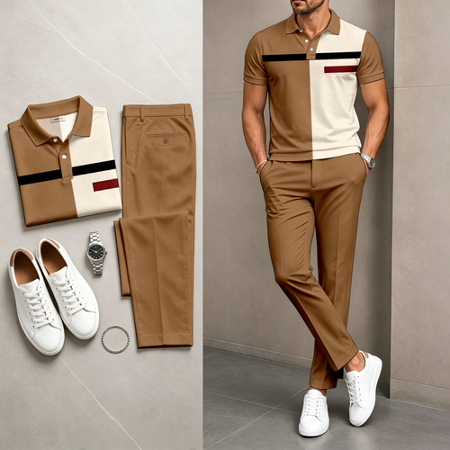 Men's Casual Brown Stripes Printed Polo Shirt And Pants Two-Piece Set