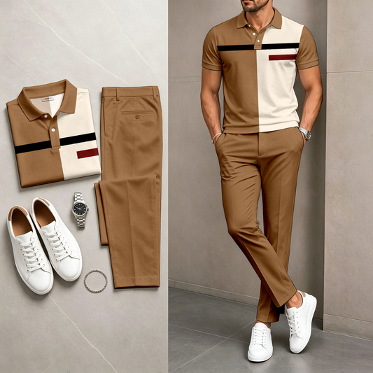 Men's Casual Brown Stripes Printed Polo Shirt And Pants Two-Piece Set