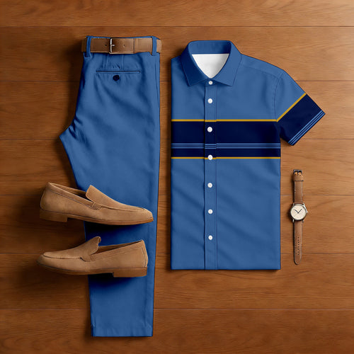 Men's Casual Royal Blue Color Matching Striped Print Short-Sleeve Shirt & Trousers Two-Piece Set
