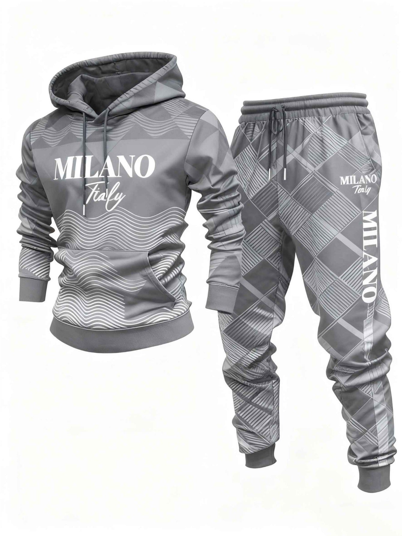 Men's Casual Gray & White Color Geometric Printed Hoodies Long Sleeved Sweatshirts & Sweatpants Two-Piece Set