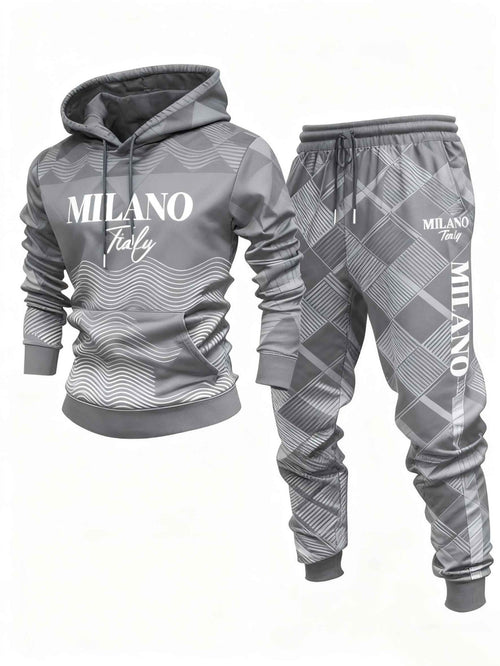Men's Casual Gray & White Color Geometric Printed Hoodies Long Sleeved Sweatshirts & Sweatpants Two-Piece Set
