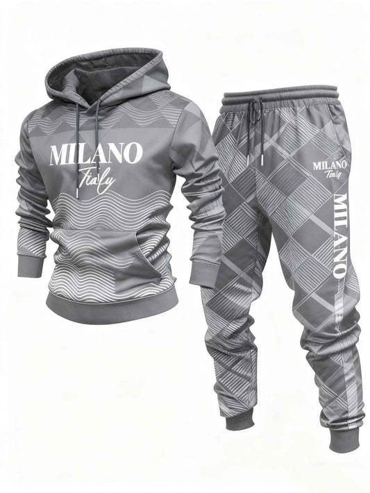 Men's Casual Gray & White Color Geometric Printed Hoodies Long Sleeved Sweatshirts & Sweatpants Two-Piece Set