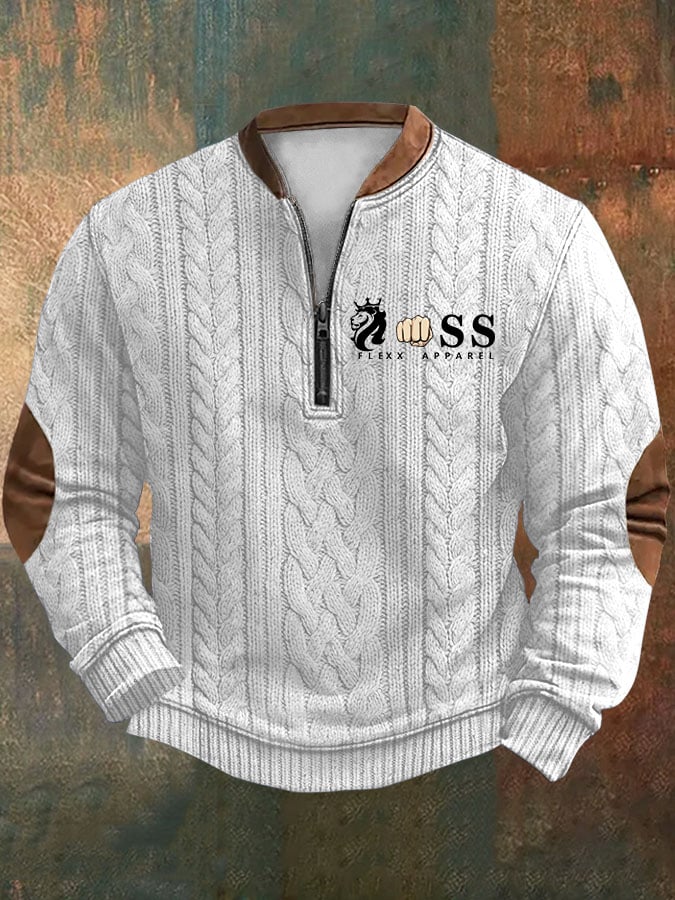 Men's Retro Letter Print Zipper Neck Knit Sweatshirt