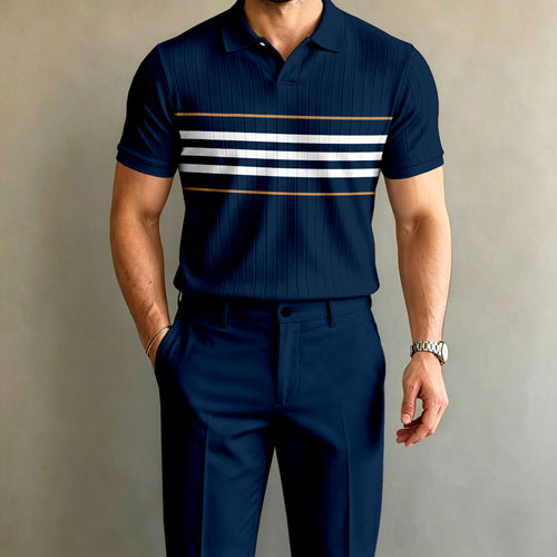 Men's Blue Striped Short-Sleeve Polo Shirt and Pants Set