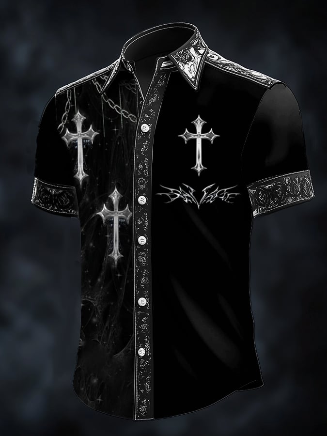 Men's Casual Fashion Dark Pattern Cross Contrast Shirt