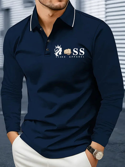 Men's Retro Letter Design Business Long Sleeve Polo Shirt