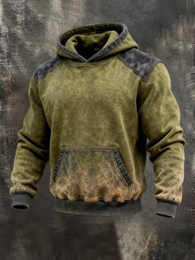 Men's Retro Distressed Contrast Color Hooded Casual Sweatshirt Set