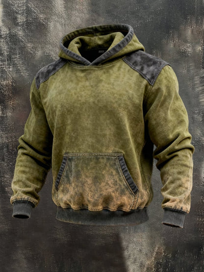 Men's Retro Distressed Contrast Color Hooded Casual Sweatshirt Set