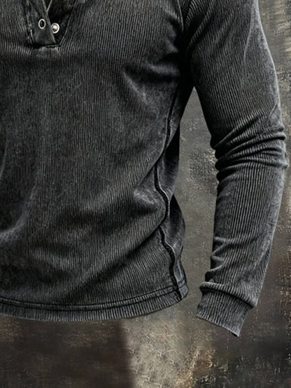 Men'S Vintage Ribbed Pure Cotton Washed And Distressed Long-Sleeved T-Shirt