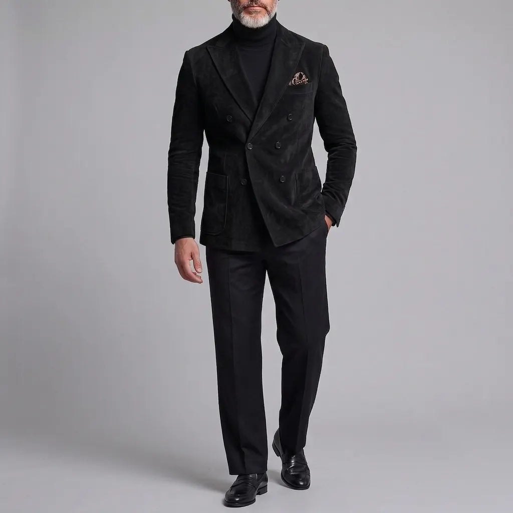 Men's Retro Khaki Suede Peak Lapel Double-Breasted Patch Pocket Slim Fit Blazer