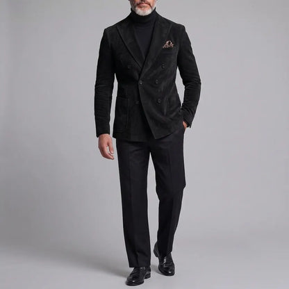 Men's Retro Khaki Suede Peak Lapel Double-Breasted Patch Pocket Slim Fit Blazer