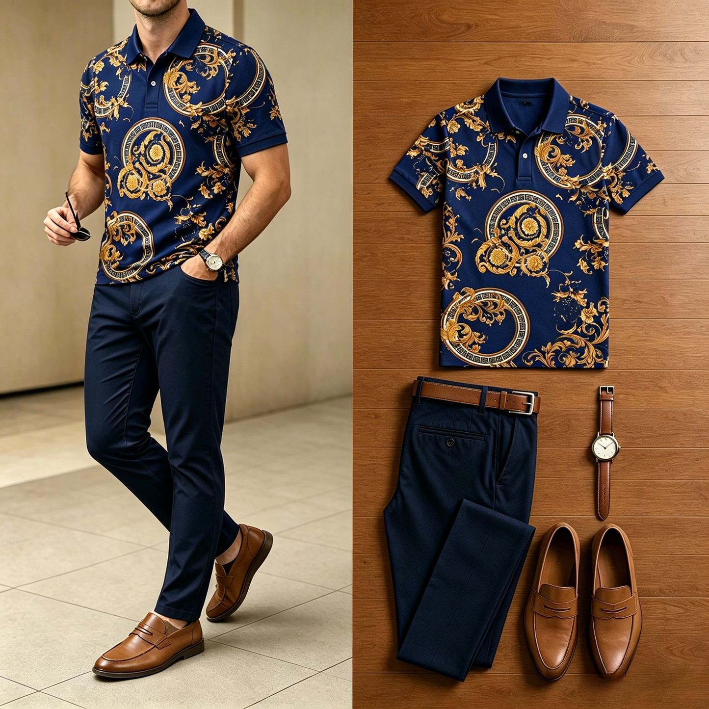 Men's Casual Retro Golden Baroque Printed Polo Shirt And Pants Two-Piece Set